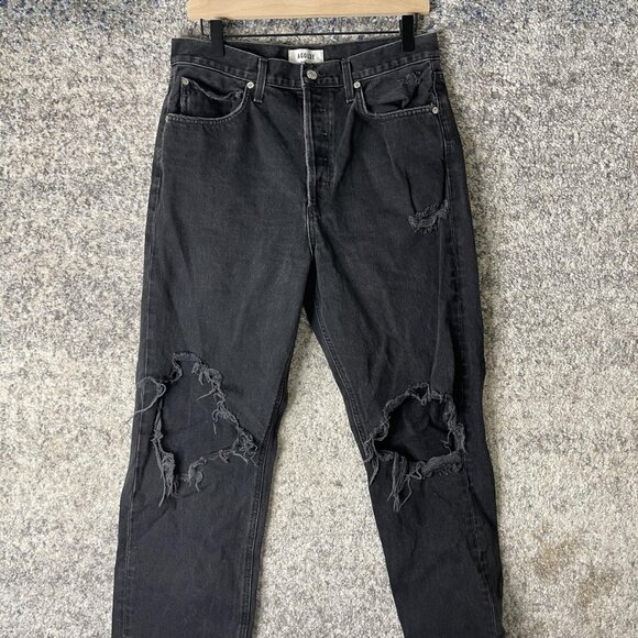 AGOLDE Jeans Womens 29 Washed Black Distressed Ripped Button Fly Straight Leg - Picture 1 of 7